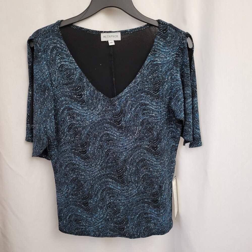 NWT Metaphor Blouse Sparkle Metallic blue V-neck open sleeve Med. Bling NEW